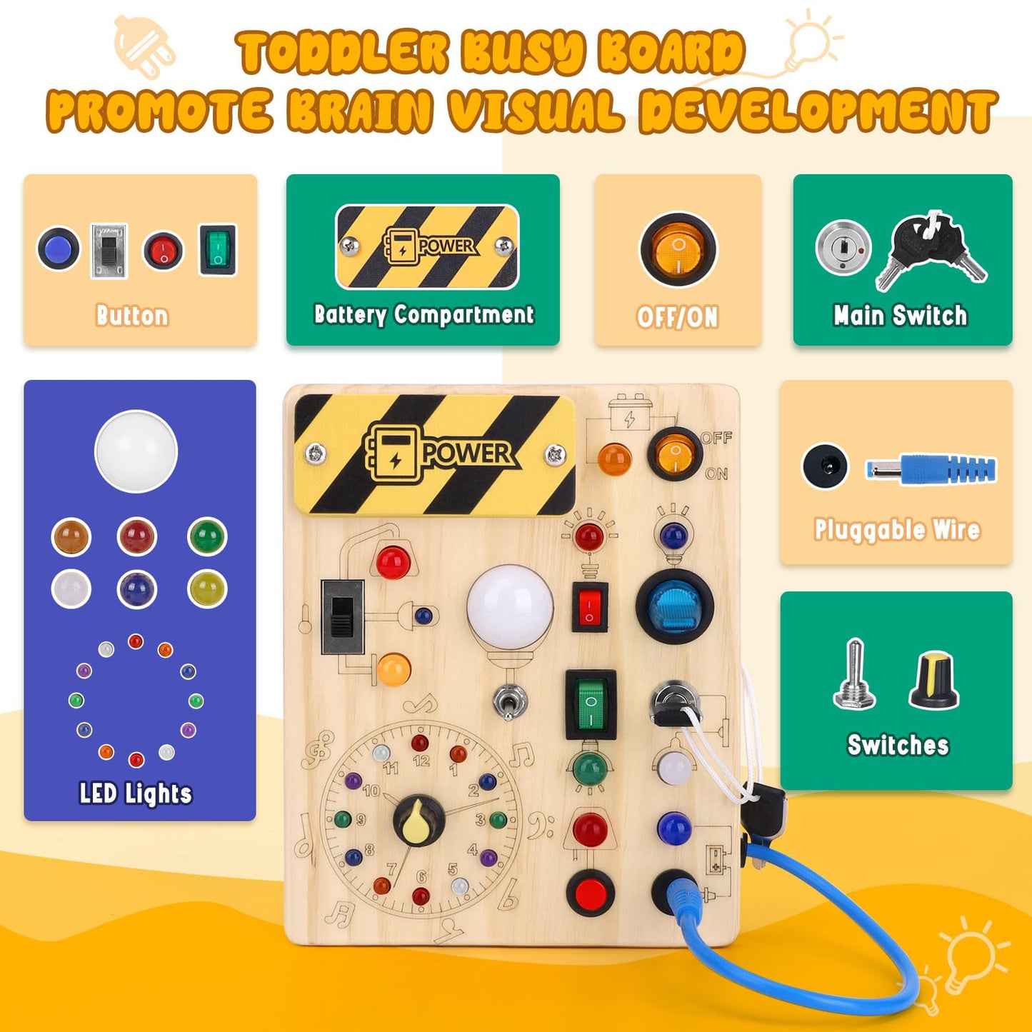 Montessori Wooden Activity Board/Switches/24 LED lights