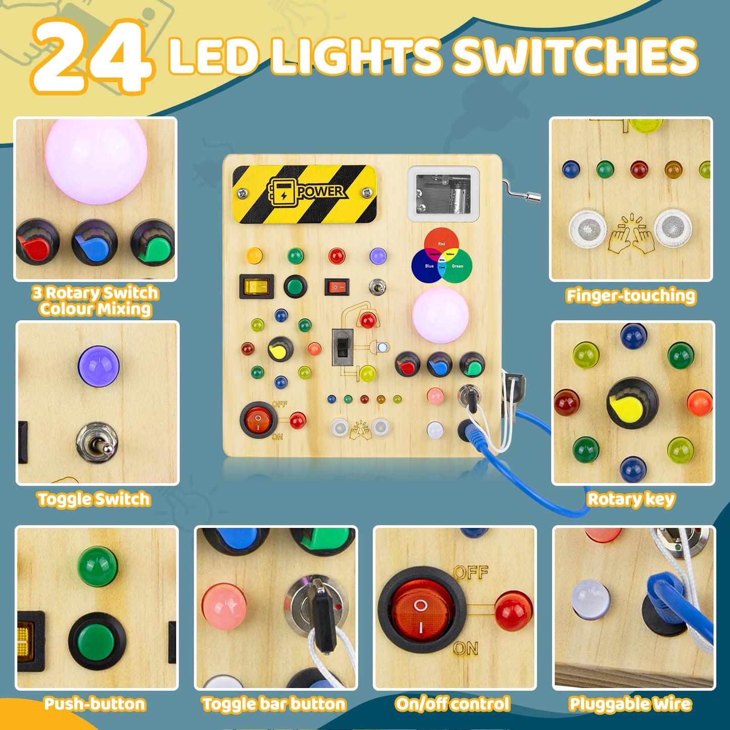 Montessori Wooden Activity Board/Switches/24 LED lights