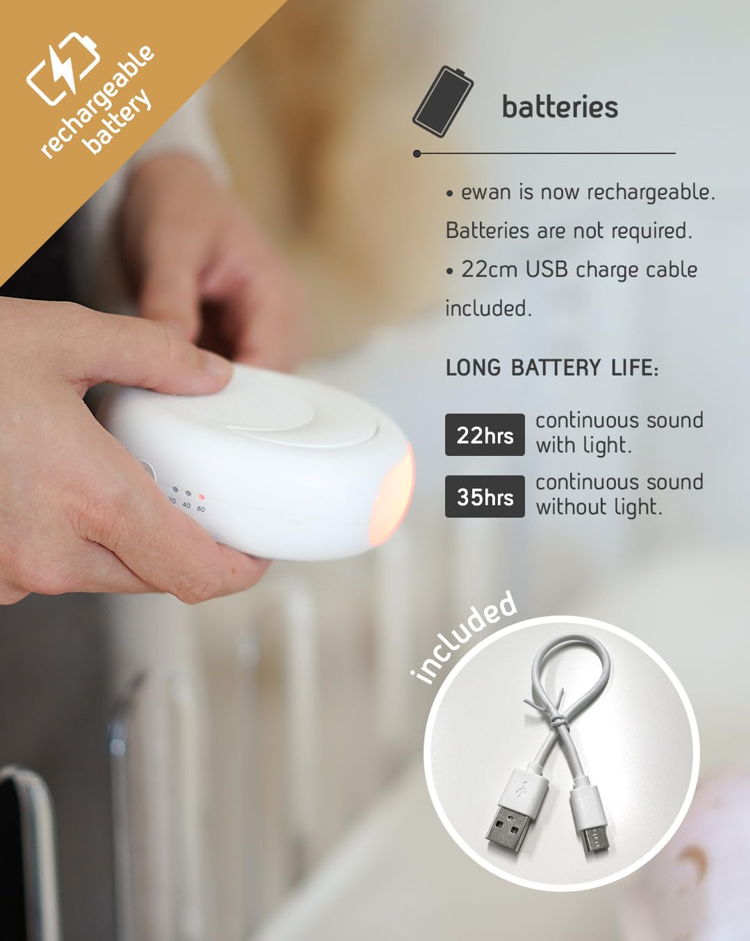 Rechargeable Ewan Deluxe, Grey | Baby & Toddler Sleep Aid Gift | Cry Sensor & Nightlight